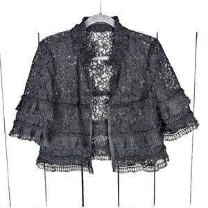 Vintage black ruffle lace cropped coverlet jacket